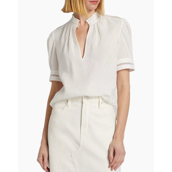 NEW Frame white Linen-Blend Ruffle-Trimmed Top Size XS